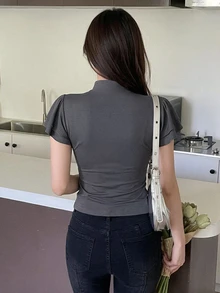 DAZY 女款純色立領荷葉邊短袖時尚T恤 - 灰色 - 查看 7