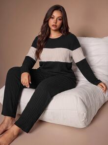 Lazeform Minimalist Colorblock Ribbed Knit 2 Pieces Loungewear Set, Cozy Comfortable Plus Size Women's Pajama Set - Black - View 6