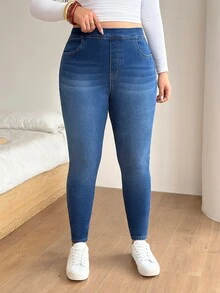 SHEIN CURVE+ Plus Size Women's Casual Daily Wear Denim Jeans With Pockets - Blue - View 6