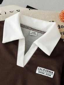 Baby Girl Casual Preppy 2 Pieces Set, Autumn Minimalist Brown Long Sleeve Polo Collar Top & Wide Leg - Brown - View 7
