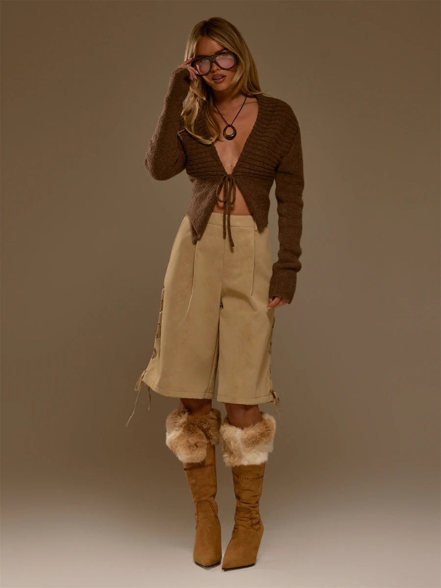 MUSERA Quần short jean jorts cạp thấp chi tiết buộc dây màu be, phong cách coolgirl cho nữ, mặc mùa thu đông - Màu Khaki - Xem 1