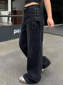 Dazy Plus Casual Washed Side Tie-Up Wide Leg Jeans For Girls, Long Pants, Spring/Autumn - Black - View 3