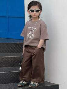 Dazy Kids 小男孩時尚簡約純色寬腿長褲 - 米色 - 查看 3