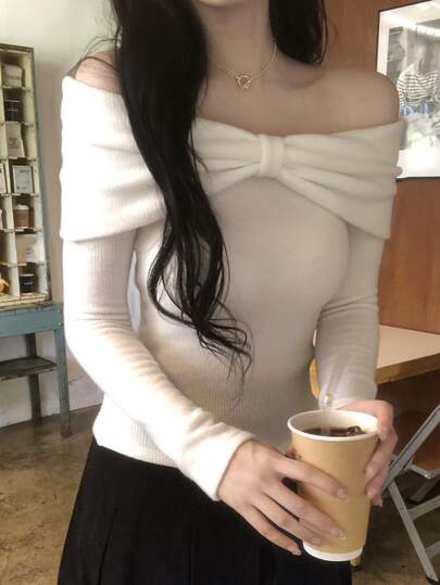 DAZY Women's Off-Shoulder Korean Style Bow Long Sleeve T-Shirt