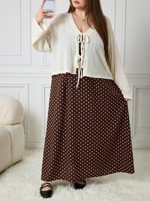 SHEIN CURVE+ Plus Size Women Solid Color Front Tie Long Sleeve Top And Polka Dot Pattern Dress Casual 2 Pieces Set - Multicolor - View 7