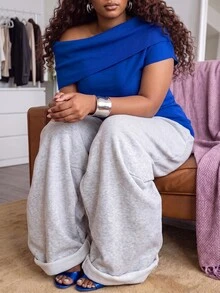 Slaydiva Plus Size Women's Knit Top, Draped Cowl Neck Plus Size Long Sleeve Soft Knitted Blouse - Blue - View 1