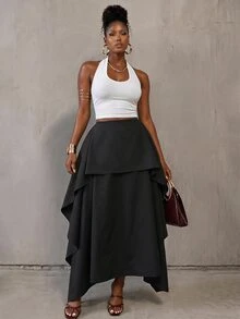 BamGlimmer Black Asymmetrical Long Skirt Fluid Woven Fabric High Waist Loose A-Line Layered Hem Design Hip Silhouette Classy Elegant Party Date Night Fall - Black - View 5