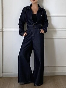 DAZY 女款翻領鈕扣長袖上衣與口袋長褲牛仔套裝 - 藍色 - 查看 1