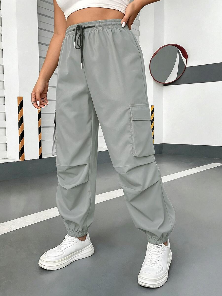 POPSWAY Plus Size Women's Casual Cargo Pants With Drawstring Pockets, Minimalist Style For Spring/Autumn, Campus And Commute - Light Grey - View 1