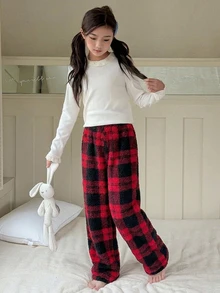 Dazy Kids Tween Girl Plaid Loose Elastic Waist Lounge Pants - Brown - View 3