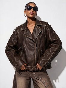 Aveloria GENKIRA Women's Solid Color PU Leather Fashion Versatile Daily Commute Long Sleeve Jacket - Brown - View 6