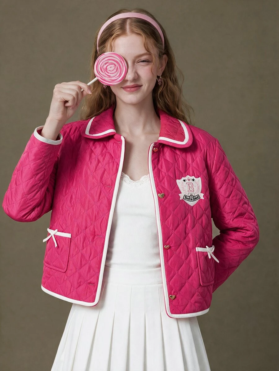 Elnivra Women's Bowknot Decor Patch Design Quilted Single-Breasted Casual Thin Jacket - Pink - View 1