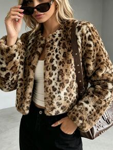 SHEIN New Autumn/Winter Long Sleeve Leopard Print Faux Fur Coat For Women - Multicolor - View 1