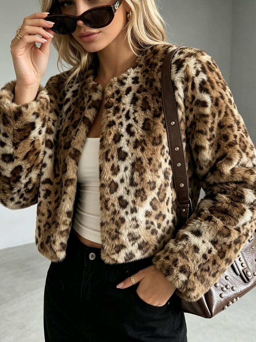SHEIN New Autumn/Winter Long Sleeve Leopard Print Faux Fur Coat For Women - Multicolor - View 1