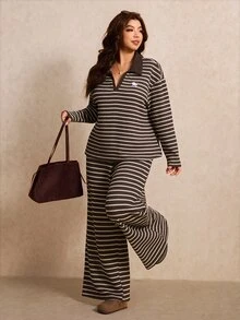Elaquor Plus Size Women's Striped Equestrian Pattern Long Sleeve Top And Pants Casual Daily 2 Pieces Set - Multicolor - View 3