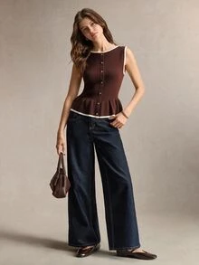 BizChic 杏色女款針織上衣，對比色飾邊下擺，優雅法式復古休閒風，適合秋季、萬聖節、教堂、特殊場合、婚禮賓客、派對、約會、度假、生日、極簡通勤、性感正式浪漫商務日常，百搭顯瘦，秋冬感恩節，溫柔甜美，學院風，鄉村風，藝術感，高端優雅，收腰修身 - 棕色 - 查看 2