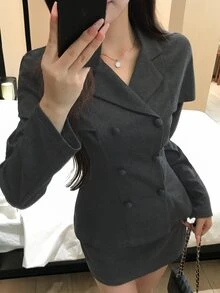 DAZY Autumn/Winter Double-Breasted Shawl Collar Waist-Cinching Wool Blazer & Bodycon Short Skirt Elegant Commute Date Office Women 2 Pieces Set - Grey - View 9