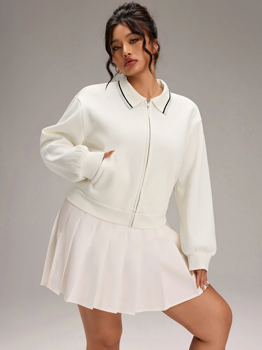 EMERY ROSE Plus Size Women's Colorblock Long Sleeve Zipper Front Casual Jacket - White - View 1