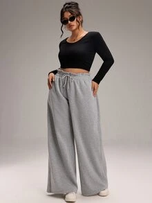 EMERY ROSE Plus Size Women Solid Color Casual Wide Leg Pants For Daily Wear - Grey - View 6