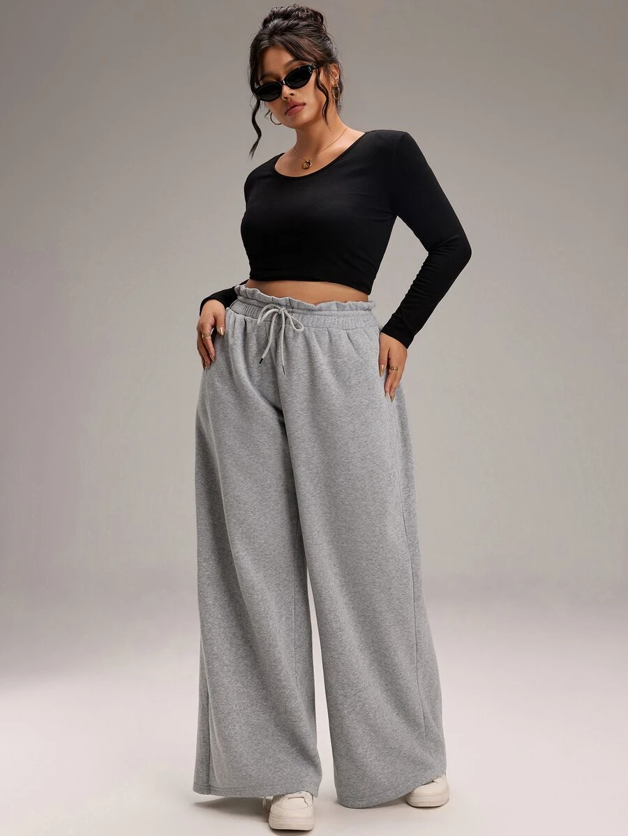 EMERY ROSE Plus Size Women Solid Color Casual Wide Leg Pants For Daily Wear - Grey - View 1