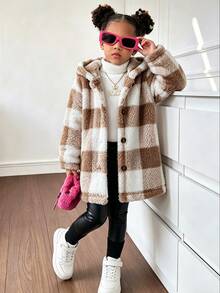 Elladie kids 女童 4-8 歲夾克，米棕色格紋柔軟絨毛連帽外套，適合秋冬、戶外活動、上學 - 棕色 - 查看 2