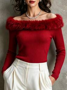 RosyDaze Women's Fashion Elegant Elegant Patchwork Faux Fur Off-Shoulder Long Sleeve Top - Red - View 7