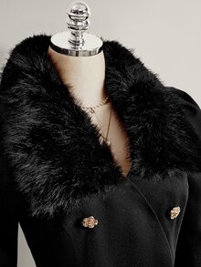SHEIN ICON Mantel Wanita Ukuran Besar Gaya Elegan Model Y2K dengan Kancing di Pinggang dan Kerah Bulu Imitasi - Hitam - View 7