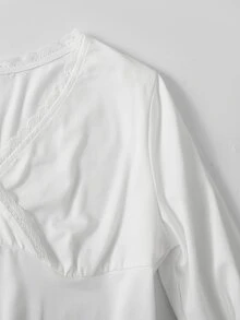 SHEIN 青少年女孩休閒日常百搭舒適V領修身長袖T恤 - 白色 - 查看 5