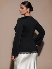 SHEIN BAE CURVE 大尺碼女款蕾絲拼接休閒日常長袖上衣 - 黑色 - 查看 5