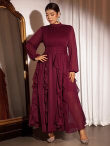 Cravure Gaun Pesta Elegan Ukuran Plus untuk Wanita, Cocok untuk Acara Perjamuan, Ulang Tahun, Kencan, Lengan Panjang dengan Hiasan Rumbai di Bagian Bawah. - Red Violet - View 5