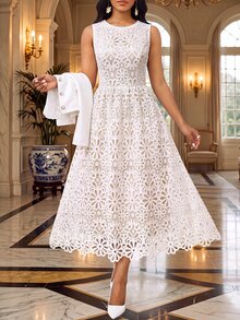Fleurora Women's Round Neck Sleeveless Lace Waist-Cinching Dress And Solid Color Single-Breasted Long Sleeve Jacket 2 Pieces Set - White - View 4