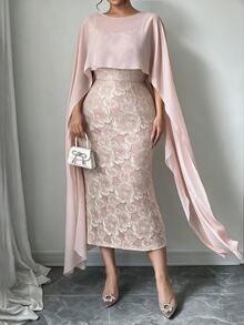 Elenzga Women's Plus Size Luxury Elegant Dress, Embossed Jacquard Bodycon Skirt With Flowy Tulle Cape Set - Pink - View 3