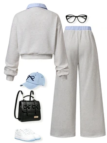 SHEIN ChillGRL طقم سويت شيرت بياقة وياقة على شكل حرف V بتصميم كتل لونية بأسلوب قطعتين بقصة فضفاضة وكاجوال للفتيات المراهقات - متعدد الألوان - مشاهدة 2