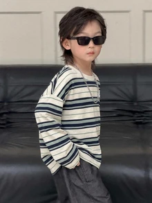 Dazy Kids 男童休閒條紋基本款長袖秋季T恤 - 寶藍色 - 查看 5