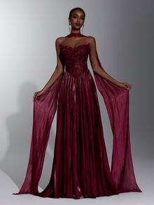 Elitara Burgundy Strapless Ruched Waist Floor-Length Evening Dress With 3D Floral Applique, Formal Wedding Guest Gown For Women (Heavy Embellished Style) - Burgundy - View 2