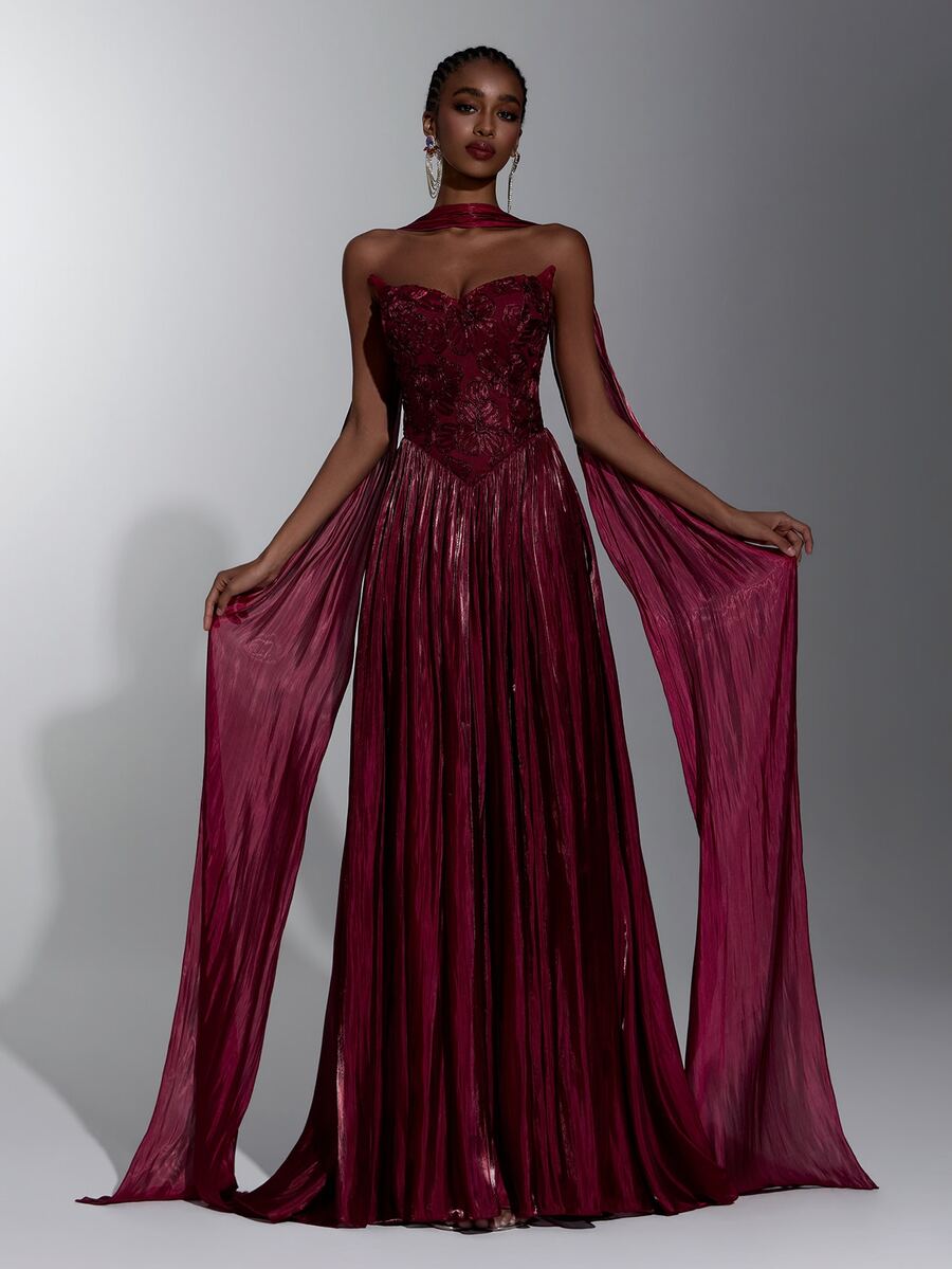 Elitara Burgundy Strapless Ruched Waist Floor-Length Evening Dress With 3D Floral Applique, Formal Wedding Guest Gown For Women (Heavy Embellished Style)
