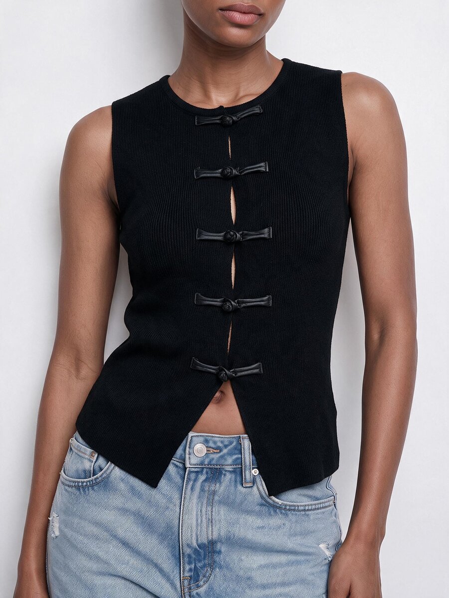 Maija Women's Elegant Vintage Frog Button Knit Top - Black - View 1