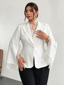 Firerie 大尺碼女款蕾絲拼接休閒通勤西裝外套 - 白色 - 查看 4