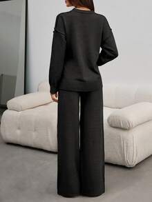 SHEIN Tall Women Round Neck Rib Knitted Sweater And Sweater Pant 2pcs Sets Co-Ord - Black - View 3