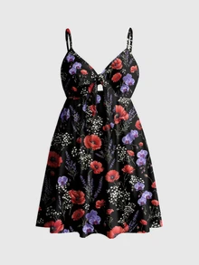 ROMWE Fairycore Dark Hippie Forest Floral Vacation Strap Plus Size Dress - Black - View 1