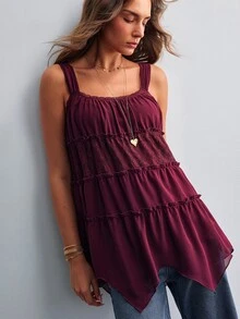 Willow Rêve Women's Lace Patchwork Purple Chiffon Camisole Long Shirt - Purple - View 6