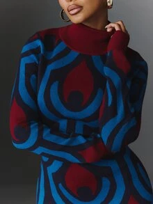 NYA SZN Knit Dress Maxi Retro Long Sleeve Color Block Holiday Festival Special Occasion Everyday Casual Work Concert Going Out Club Party Blue Fall Winter - Multicolor - View 6