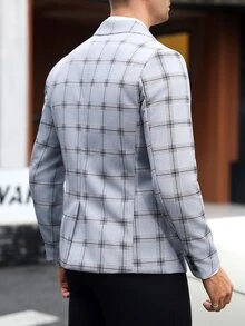 Manfinity Mode 男士復古格紋休閒西裝外套，休閒單排扣夾克，通勤西裝外套，送給男友或丈夫的高級穿搭禮物 - 淺灰色 - 查看 2