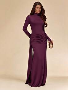 SHEIN BAE Autumn/Winter Solid Olive Green Long Sleeve Mock Neck Tie-Front Slim Fit Knit Dress - Red Violet - View 6