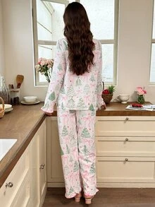 Snug Reverie Fresh Christmas Tree Print Color Block Trim Ruffle Hem Pajama Set - Multicolor - View 2