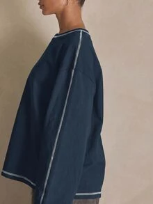 MUSERA Washed Oversized Long Sleeve Top Summer, Sporty, Casual, Day, Streetstyle, Streetwear Spring - 藏蓝色 - 查看 5