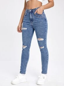 SHEIN EZwear 黑色斜口袋破洞緊身牛仔褲 - 藍色 - 查看 5