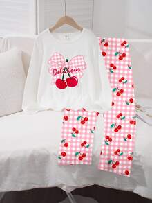 Girls' Long Sleeve Round Neck T-Shirt Top Loose Pants Pajama Set, Cute Rabbit Print Tie-Dye Milk Silk Nighties, Autumn Light Blue Striped Style - Multicolor - View 4