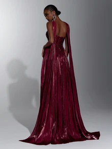 Elitara Burgundy Strapless Ruched Waist Floor-Length Evening Dress With 3D Floral Applique, Formal Wedding Guest Gown For Women (Heavy Embellished Style) - Burgundy - View 3