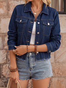EMERY ROSE Women's Fashion Button Long Sleeve Frayed Denim Jacket - Dark Wash - View 6
